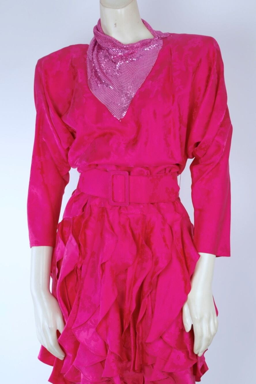 Vintage St Gillian Belted Dress 6 Hot Pink Silk Damask Ruffle Belted 80s Party